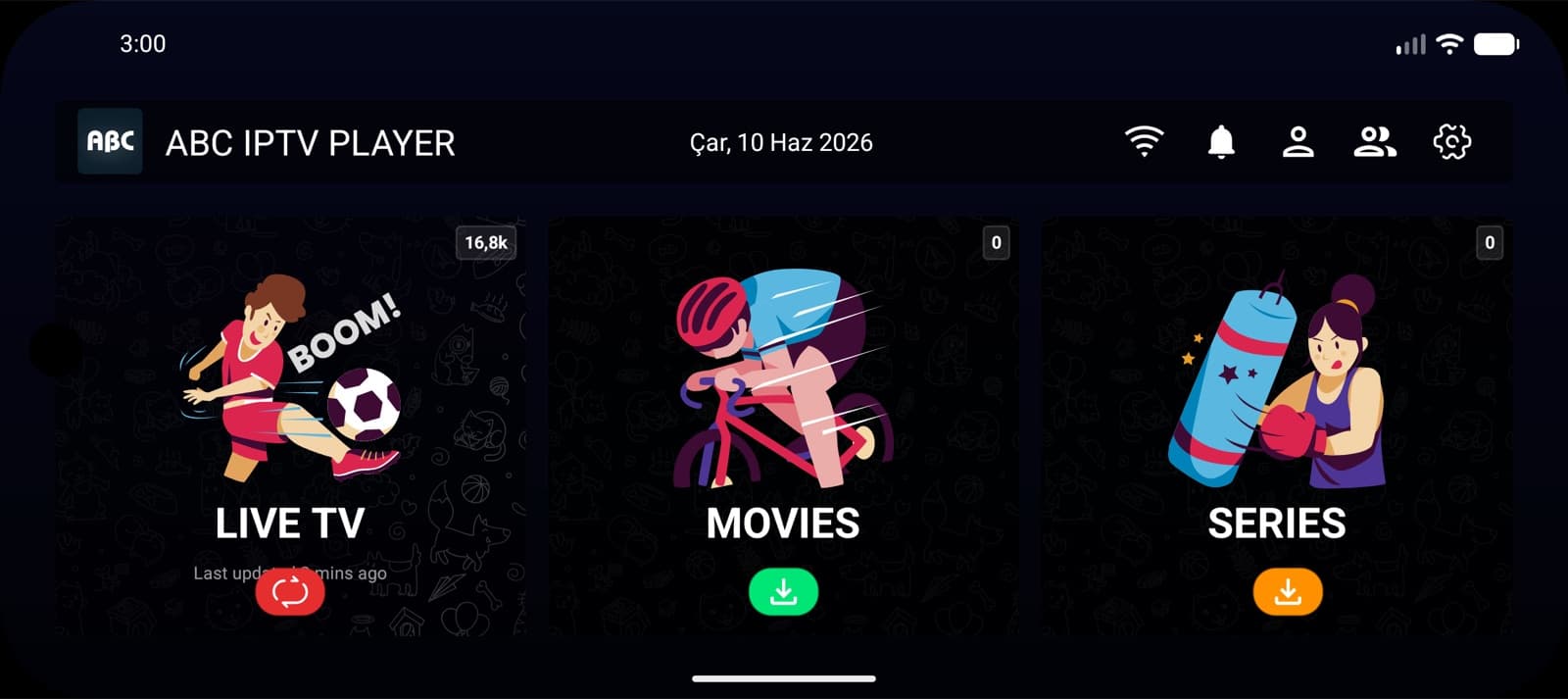 Hovedskjermen i ABC IPTV Player med Live TV, Movies og Series