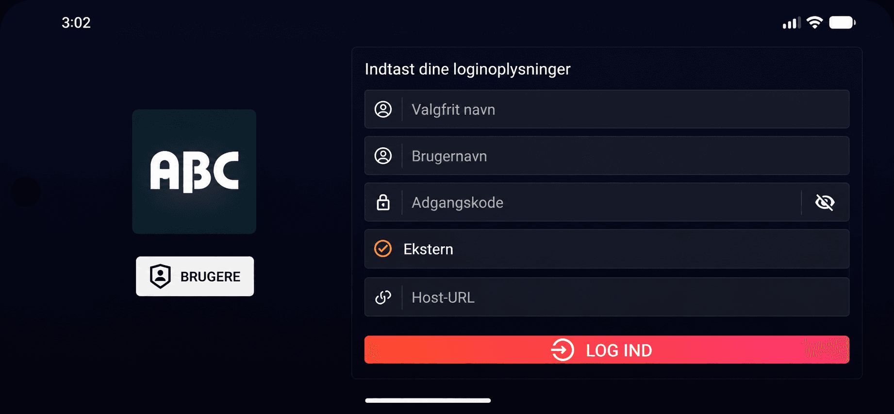 Utfylling av navn, brukernavn, passord og server-URL i ABC IPTV Player