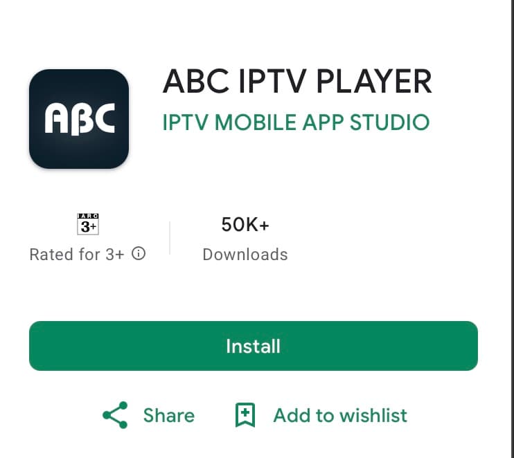 ABC IPTV Player i Google Play med Installer-knapp