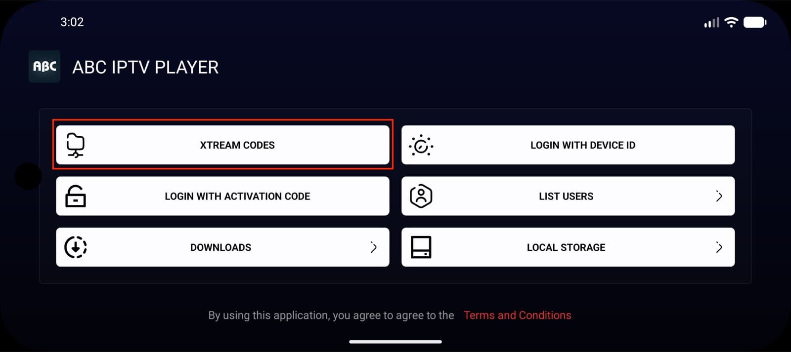 XTREAM CODES valgt som innloggingsmetode i ABC IPTV Player