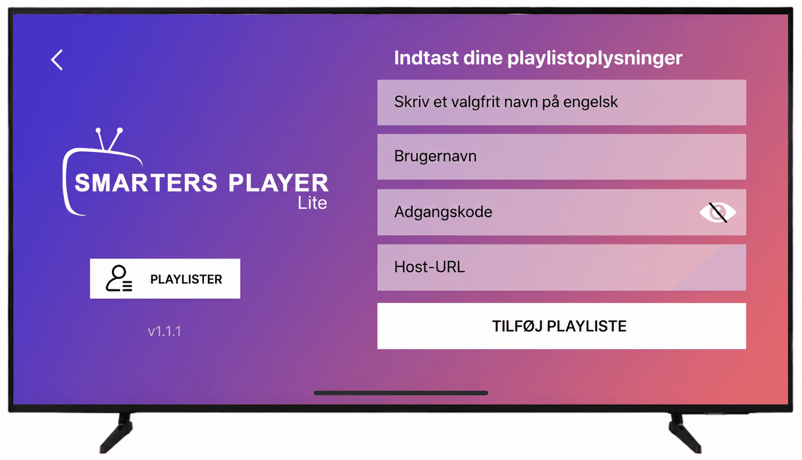 Add Playlist-skjermen i Smarters Player Lite med felter for navn, brukernavn, passord og host